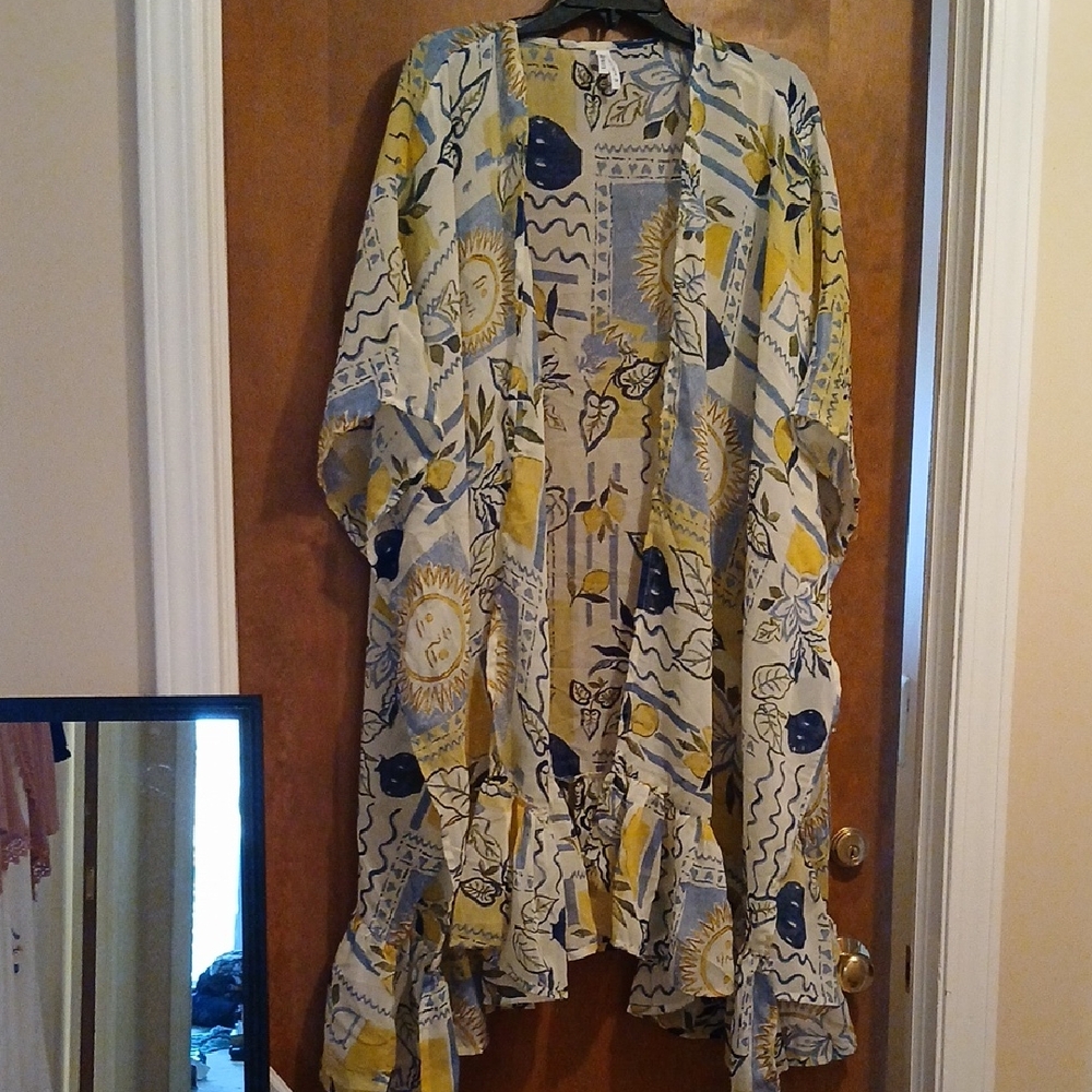 Celestial Lemon Open-Front Kimono Topper Swim Cover in Yellow & Blue 1X Nwt